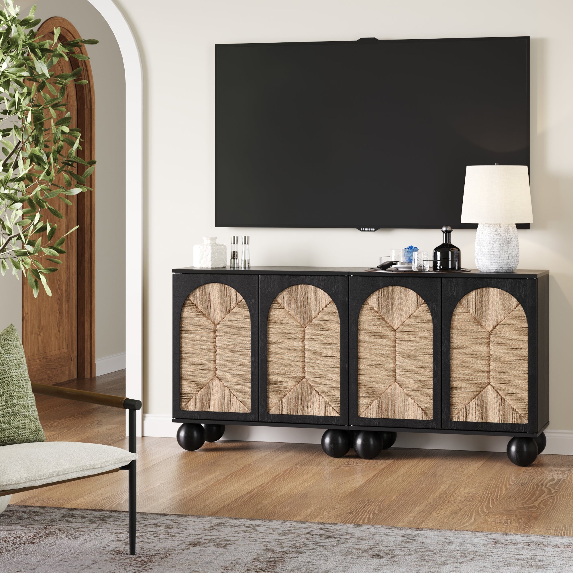 Seagrass Arched TV Console Credenza Black (Set of 2)