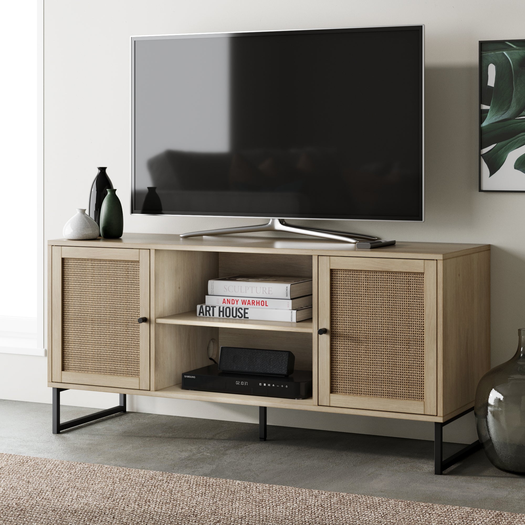 Rattan & Wood 2-Door TV Cabinet Light Oak