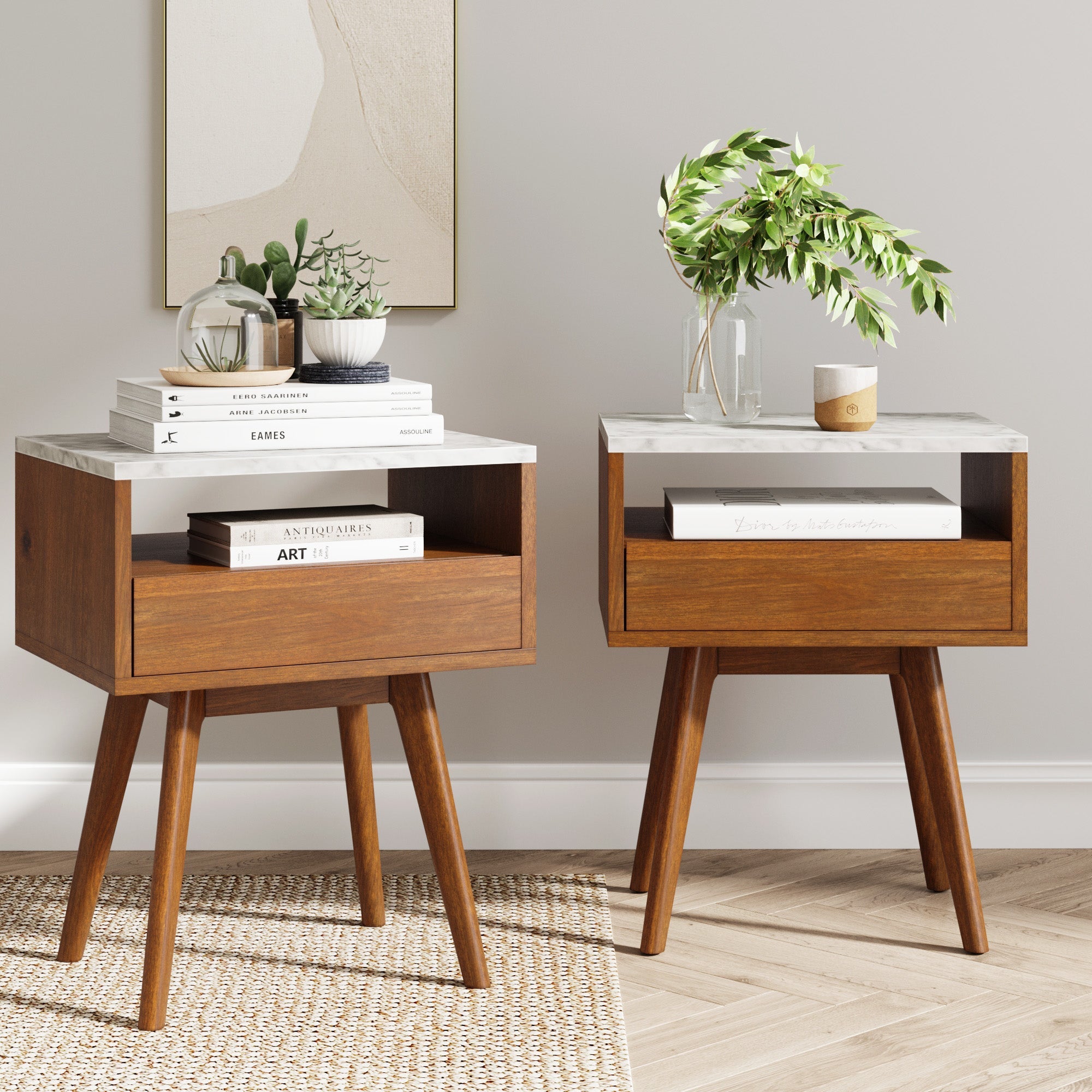 Mid-Century Faux Marble Nightstands (Set of 2)