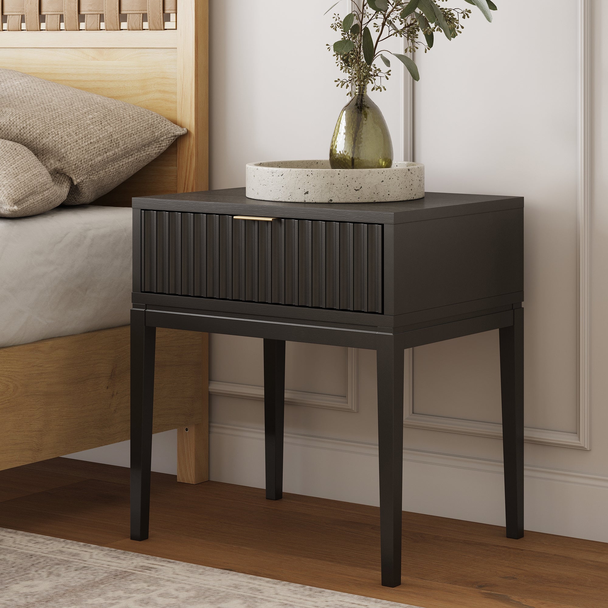 Mid-Century Fluted Nightstand Black Oak