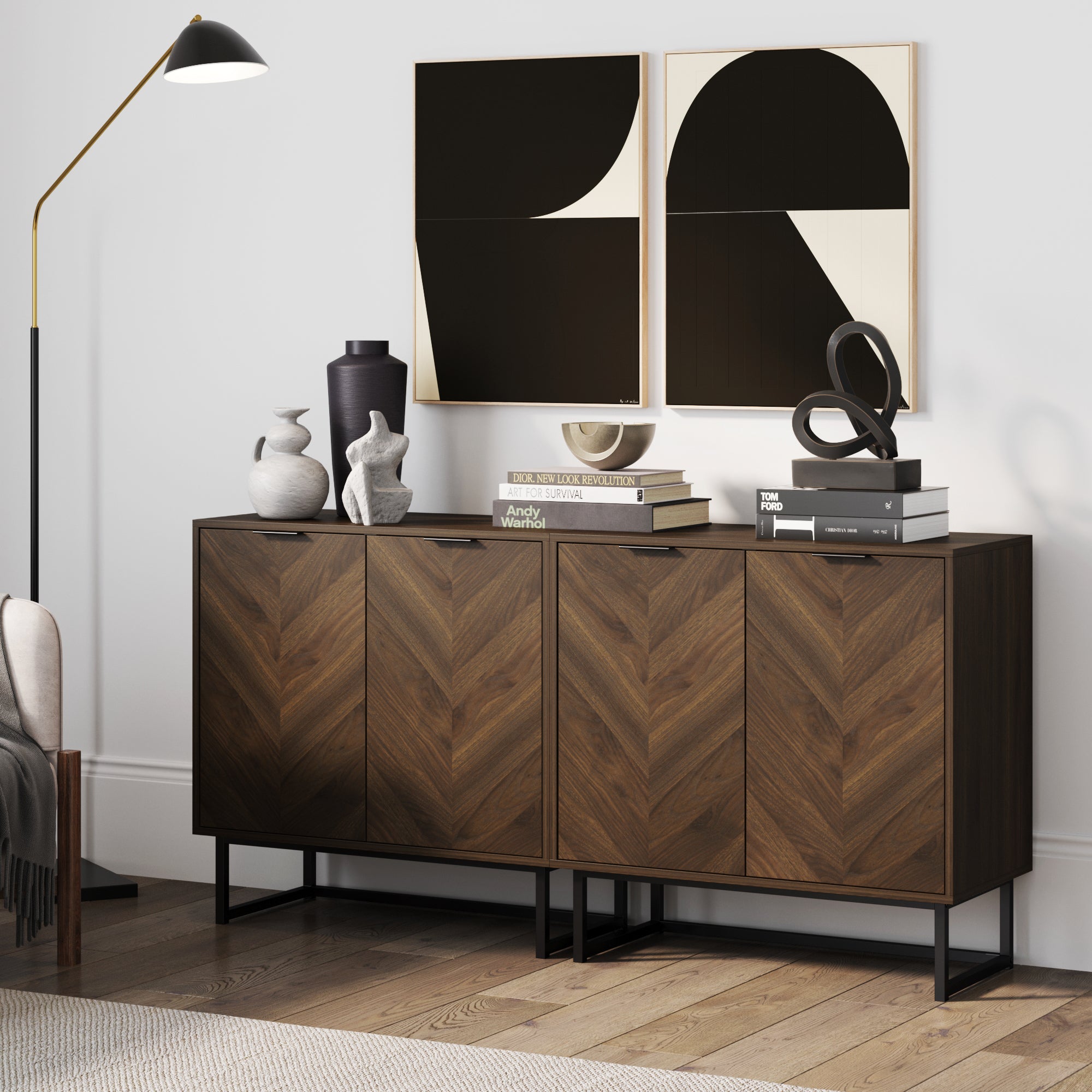 Wood Herringbone TV Console Credenza Walnut (Set of 2)