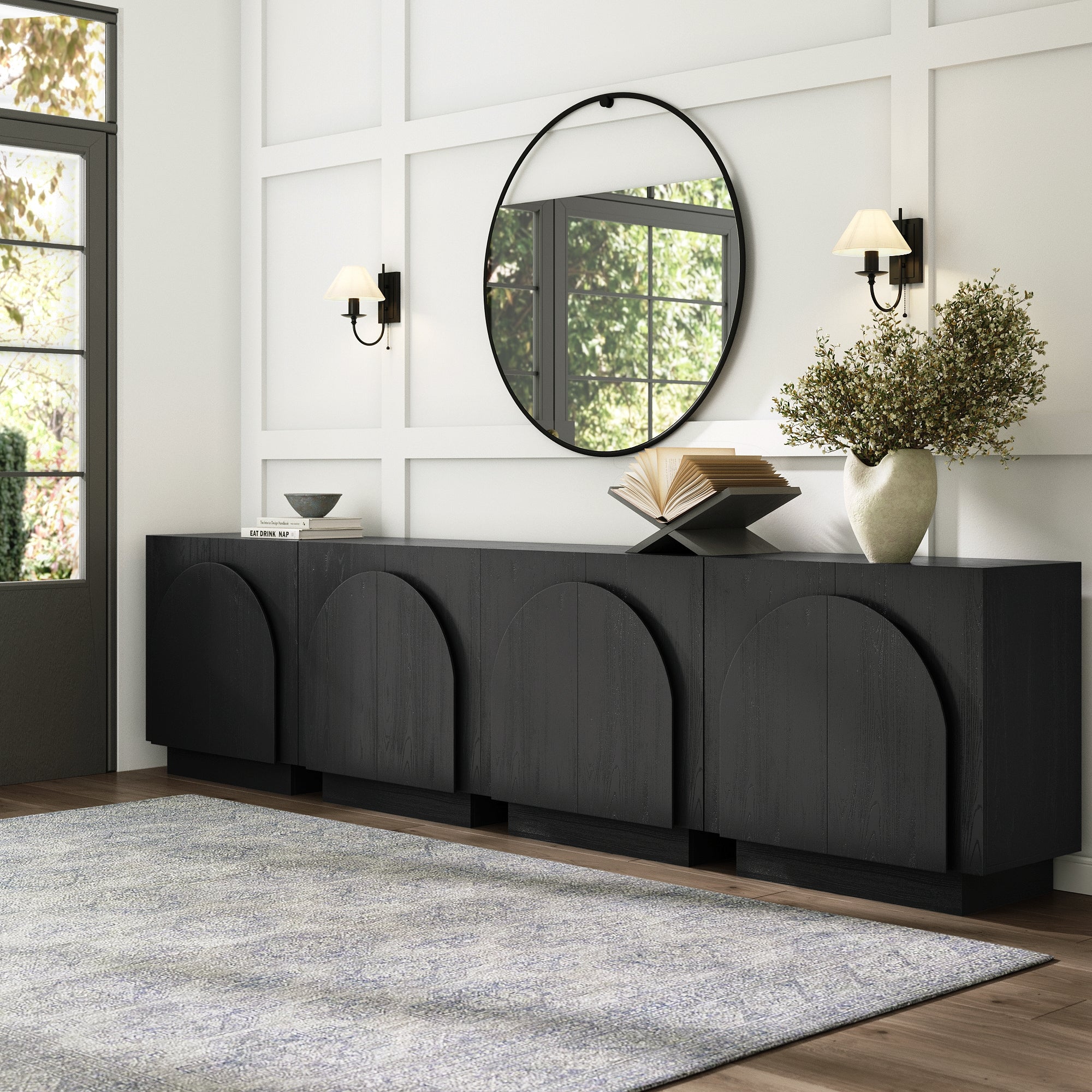 Large Arched TV Console Credenza Black (Set of 4)