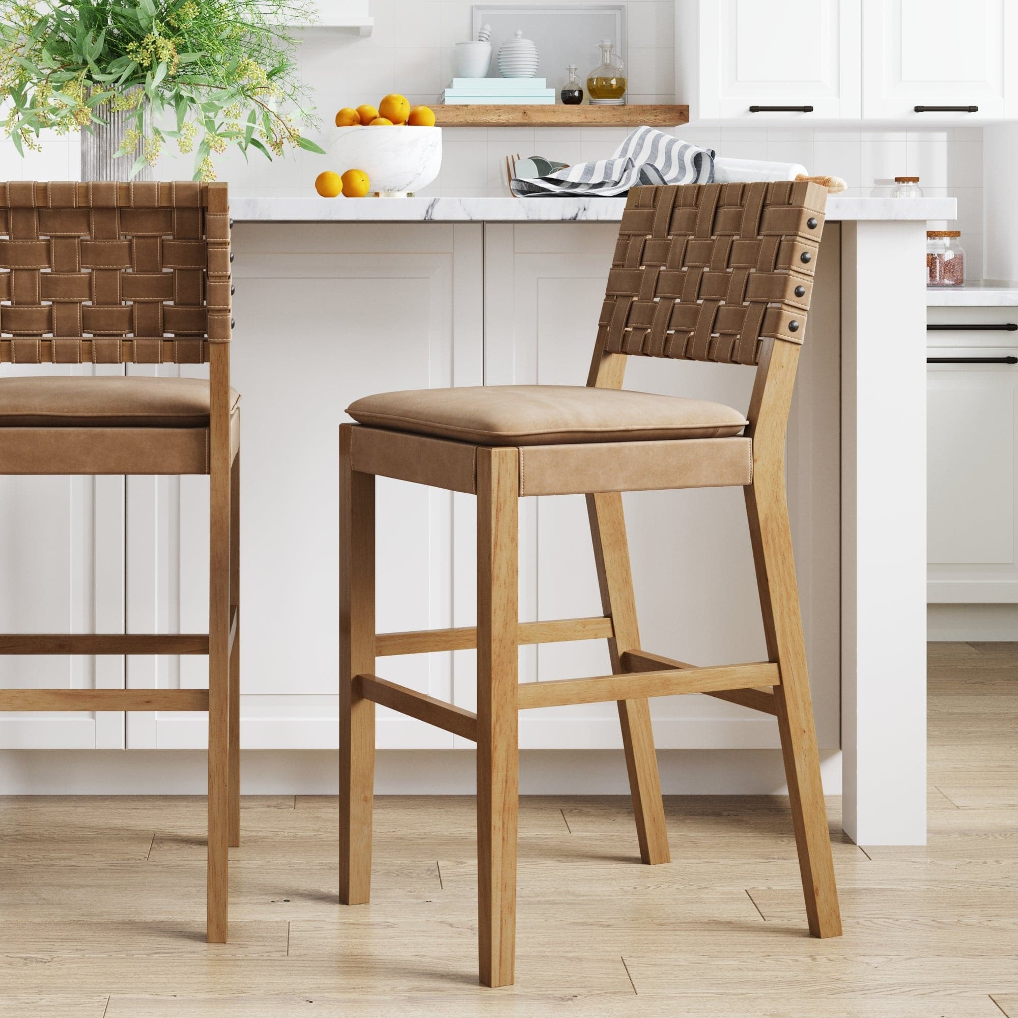 Faux Leather Woven Bar Stool Brown