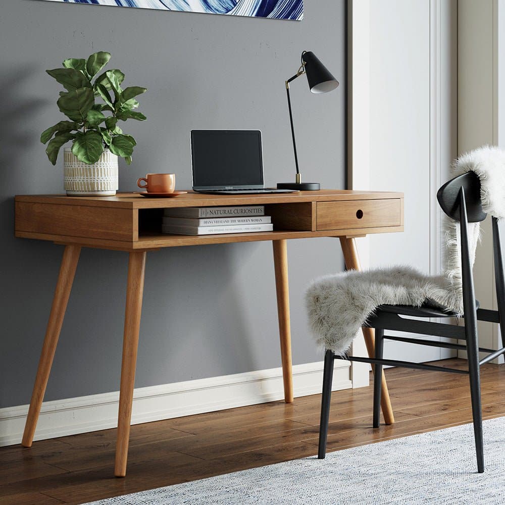 Wood Mid-Century Writing Desk with Drawer Acacia