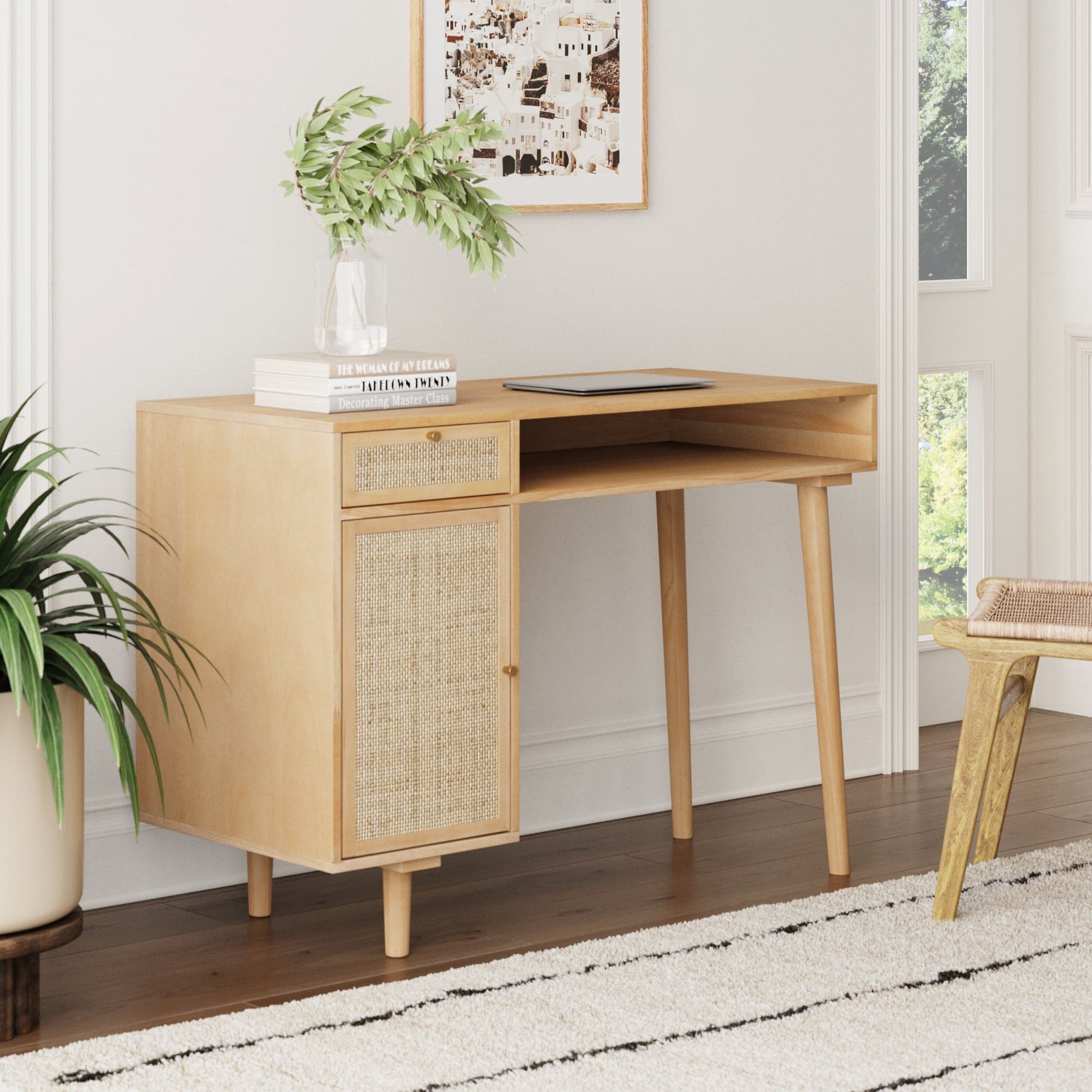 Boho Rattan & Wood Vanity Desk with Storage