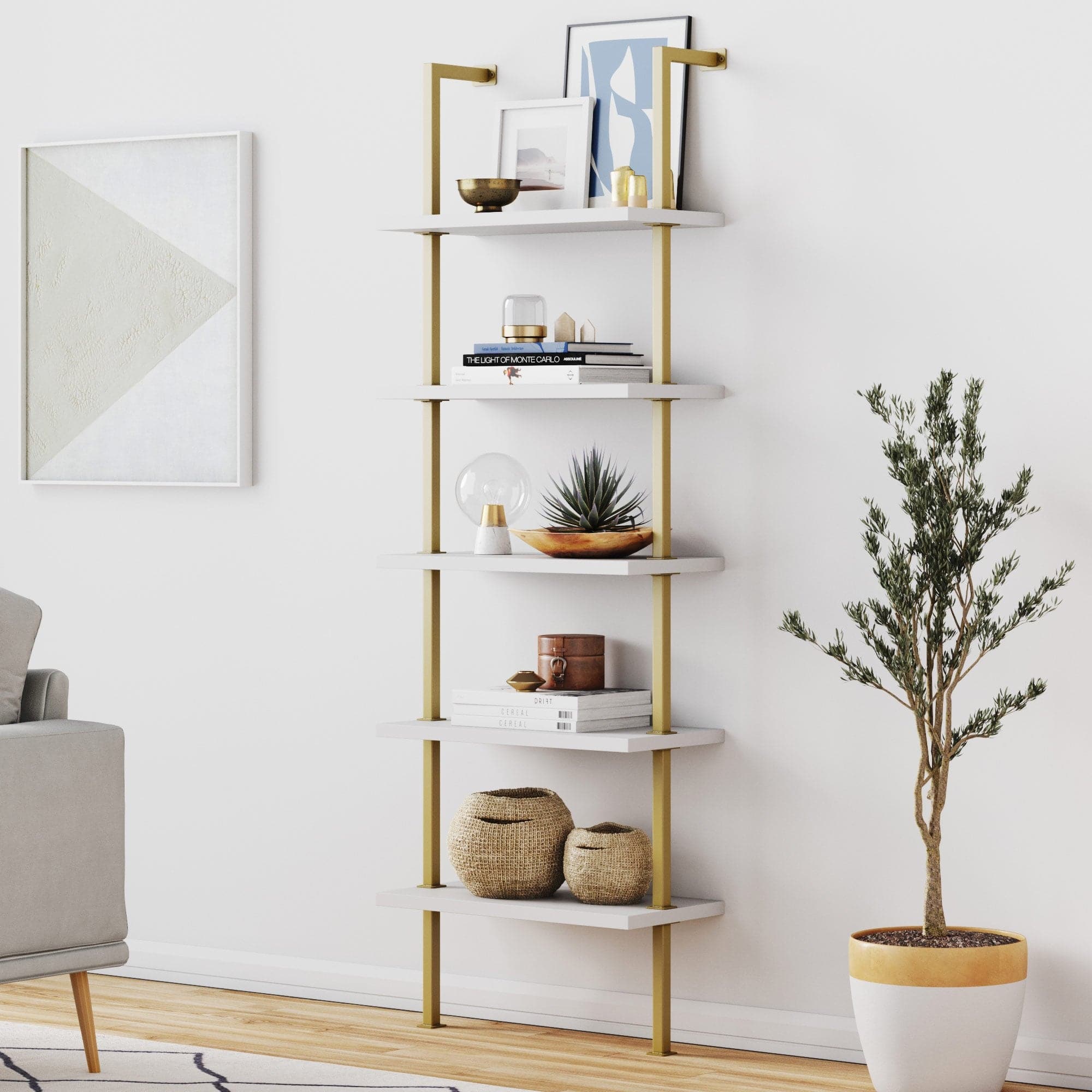 Wood Wall Mount Ladder Bookshelf | Theo White-Gold