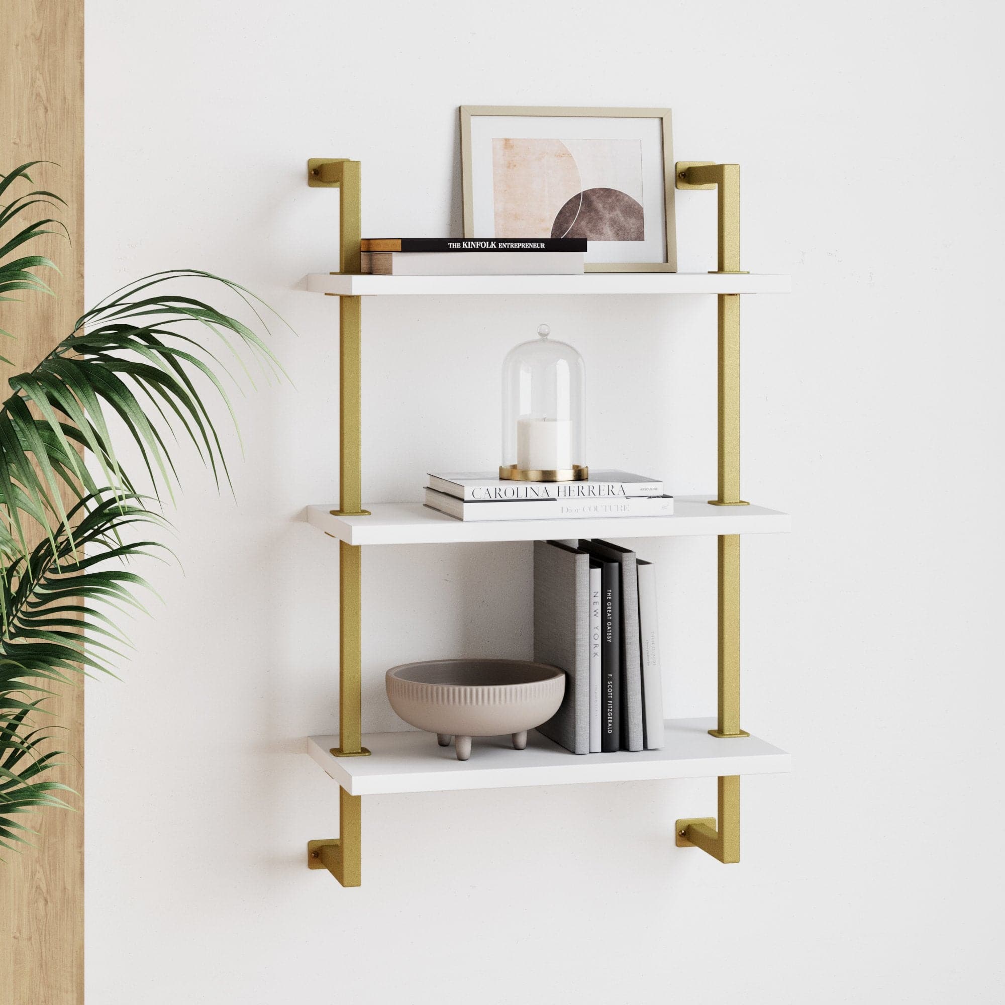 Wood & Metal Wall Mount Floating Bookshelf White-Gold