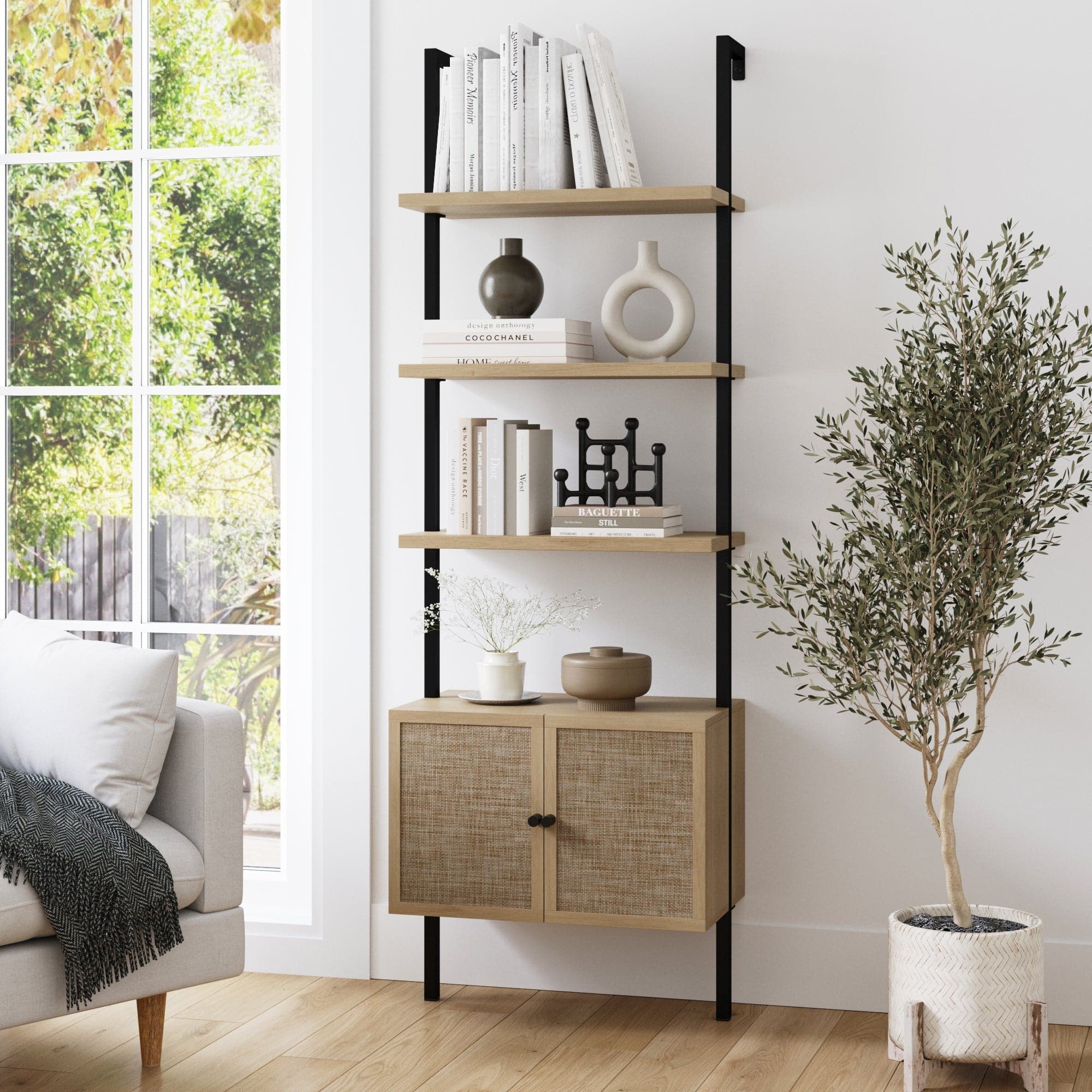 Rattan or Wood Ladder Storage Bookshelf Light Oak-Matte Black