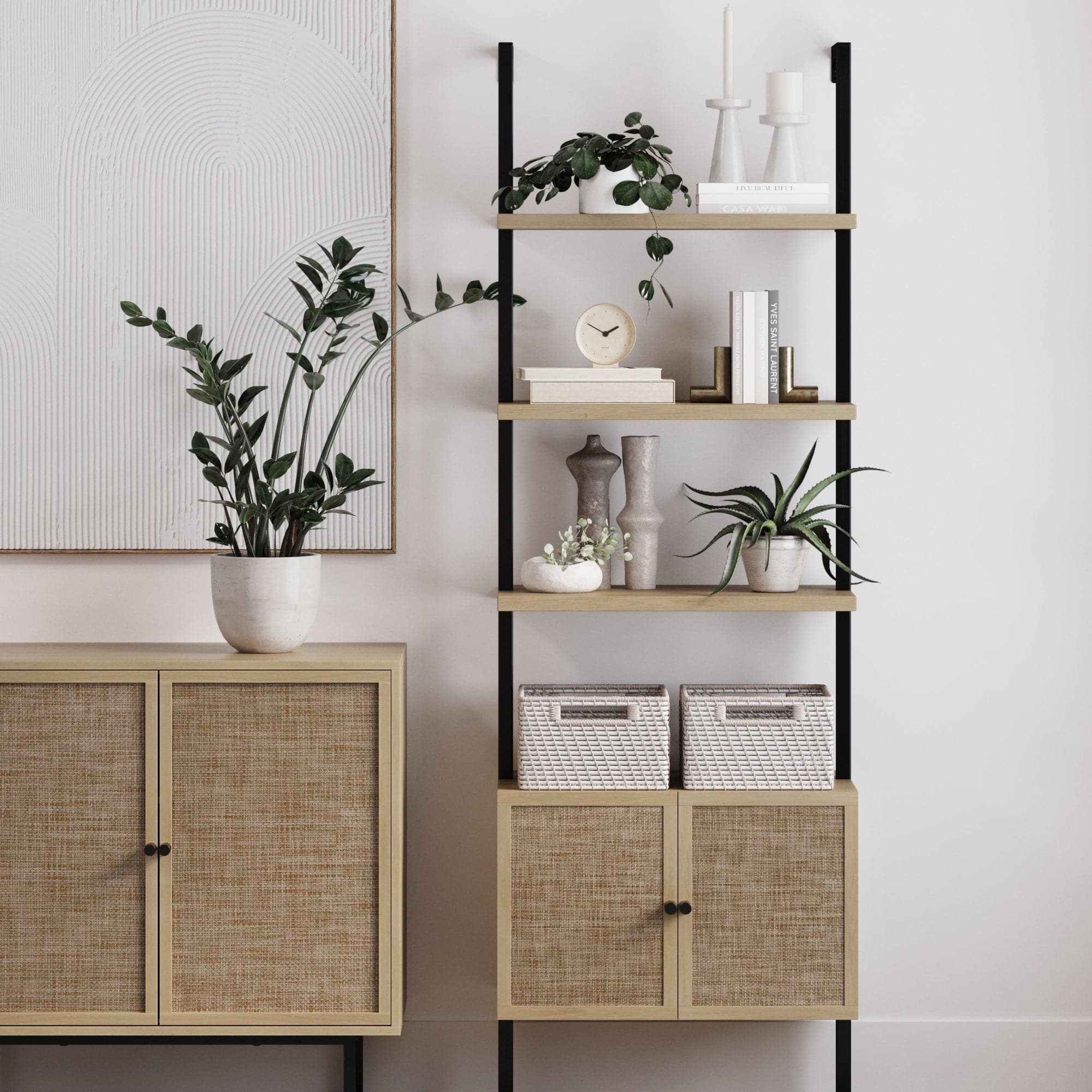 Rattan or Wood Ladder Storage Bookshelf