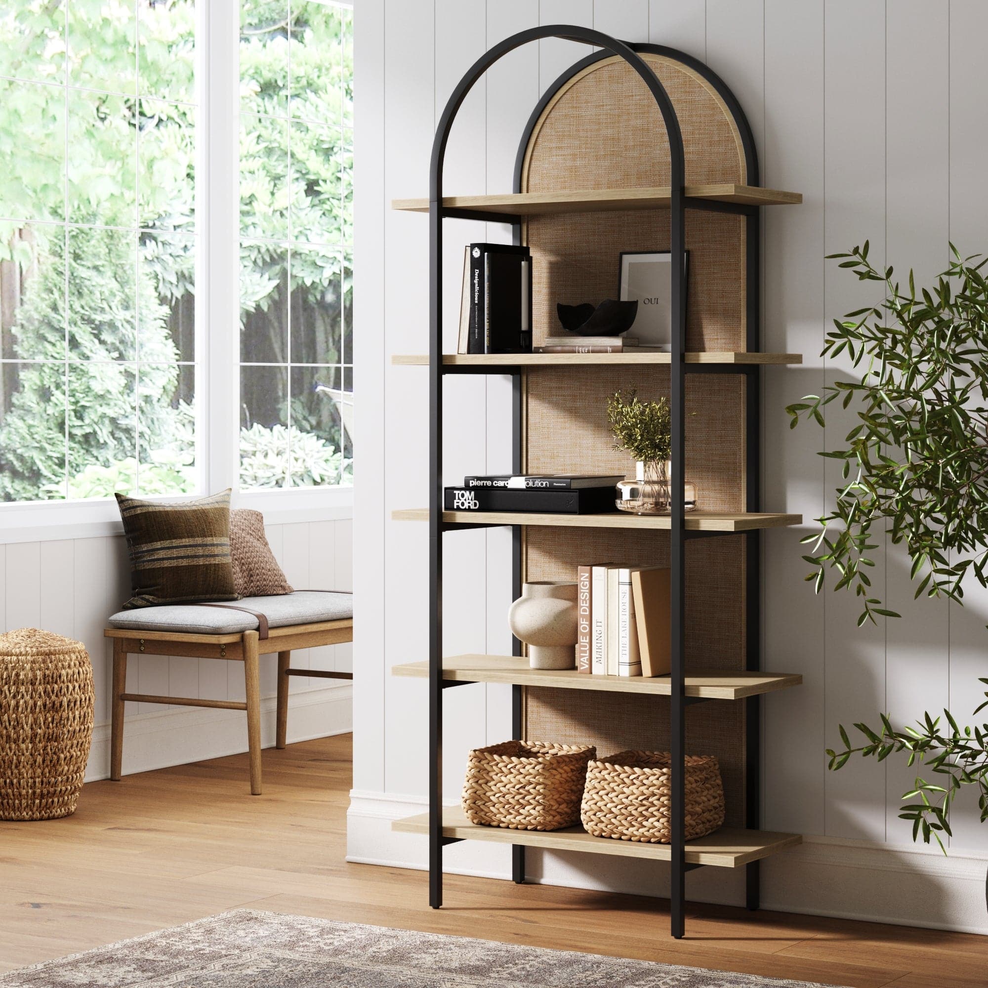 Boho Rattan & Wood Arched Bookshelf