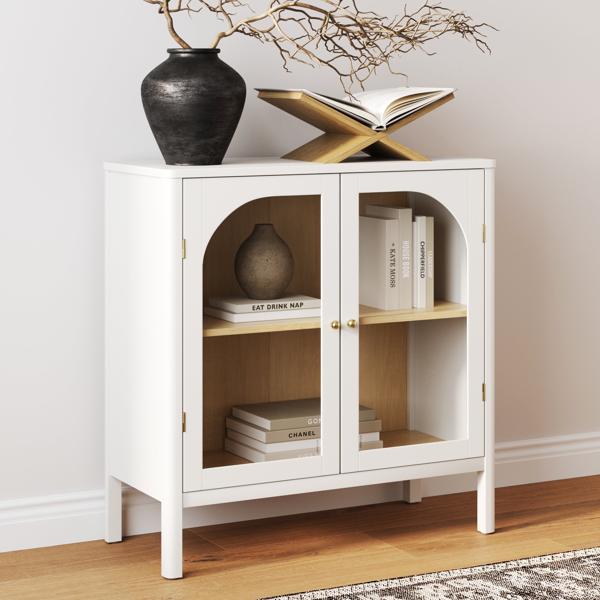 Wood & Glass Door Storage Cabinet White