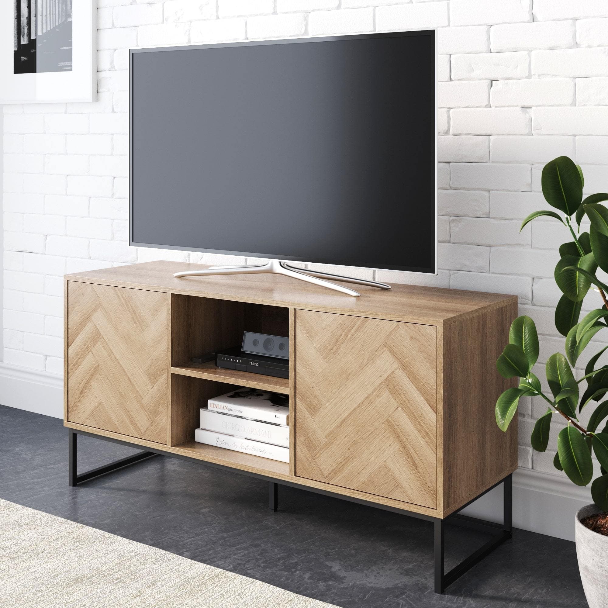 Wood Herringbone TV Cabinet Light Golden Oak